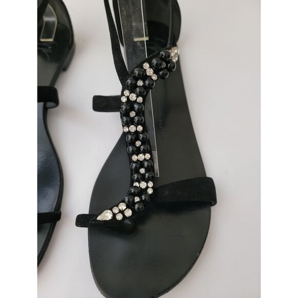 Giuseppe Zanotti Black Leather Strappy Crystal Beaded Flat Sandals Women's Sz 41 - Picture 3 of 9